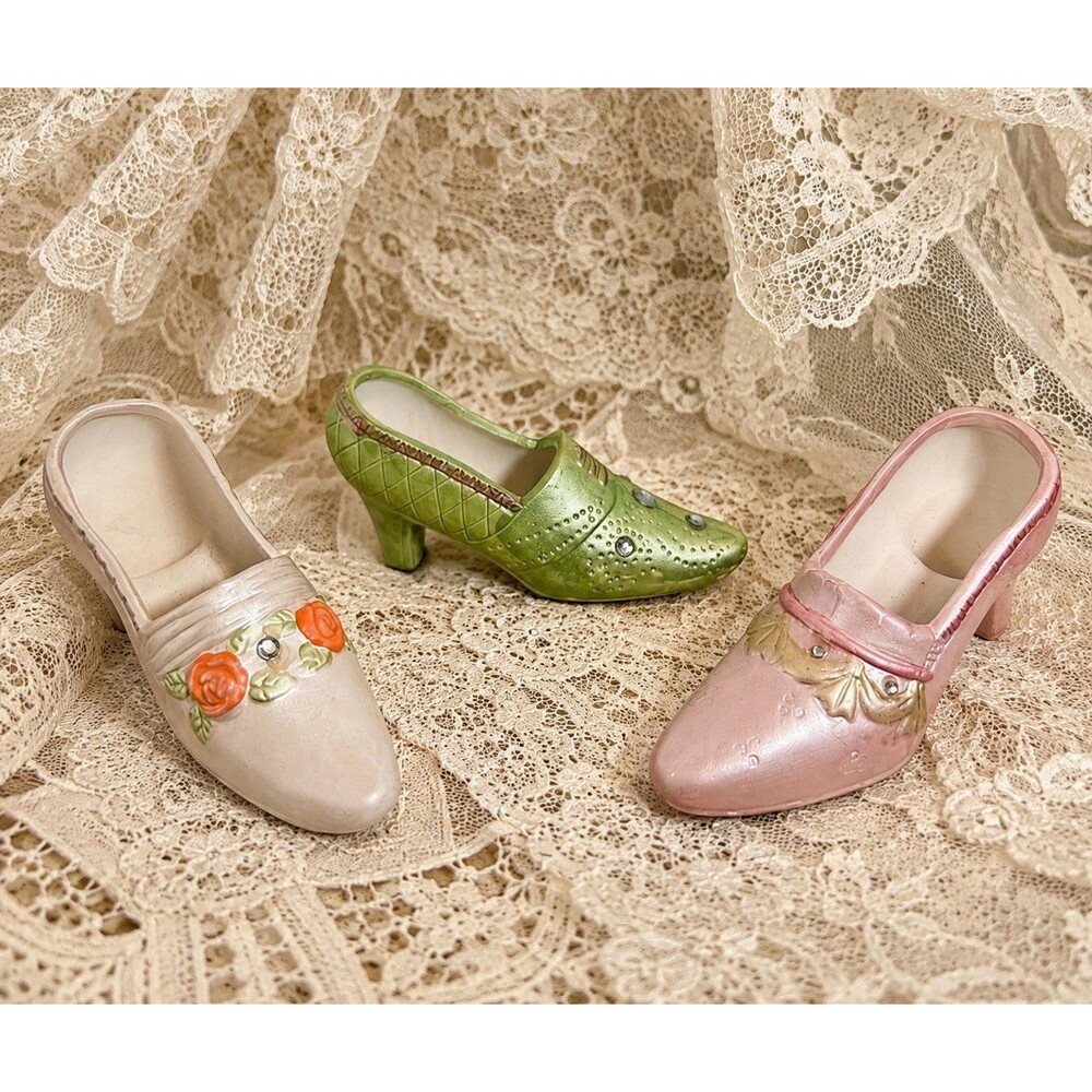 Set 3 Mini Ceramic High Heel Shoe Figurines Floral Rhinestone Vintage Decor